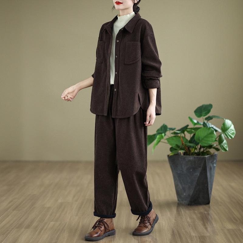 

Autumn/Winter Plush Corduroy Sportswear Set for Middle-Aged & Elderly Women L кавовий