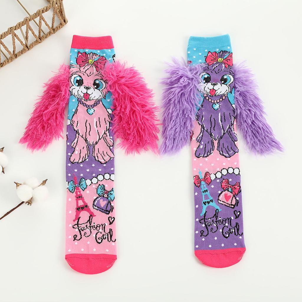 Cute 3D Cartoon Animal Socks With Plush Ears, Mid-calf , Suitable For Everyday Wear And Casual Cotton Socks.