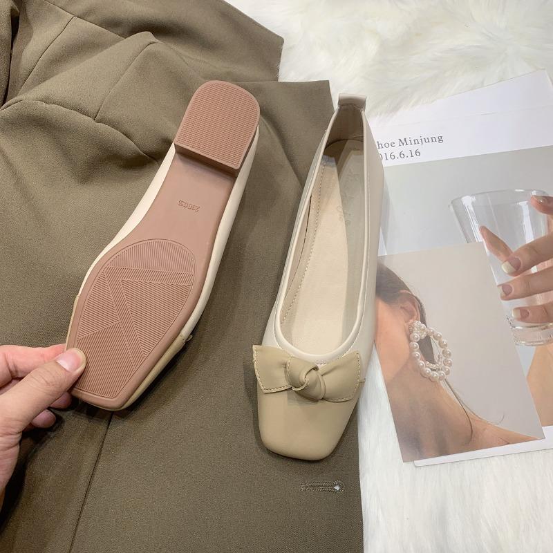 Fashion Women's Thick Heel Single Shoes Autumn New Square Head Light Mouth Matching Color Butterfly Knot Non-slip Low Top Shoes