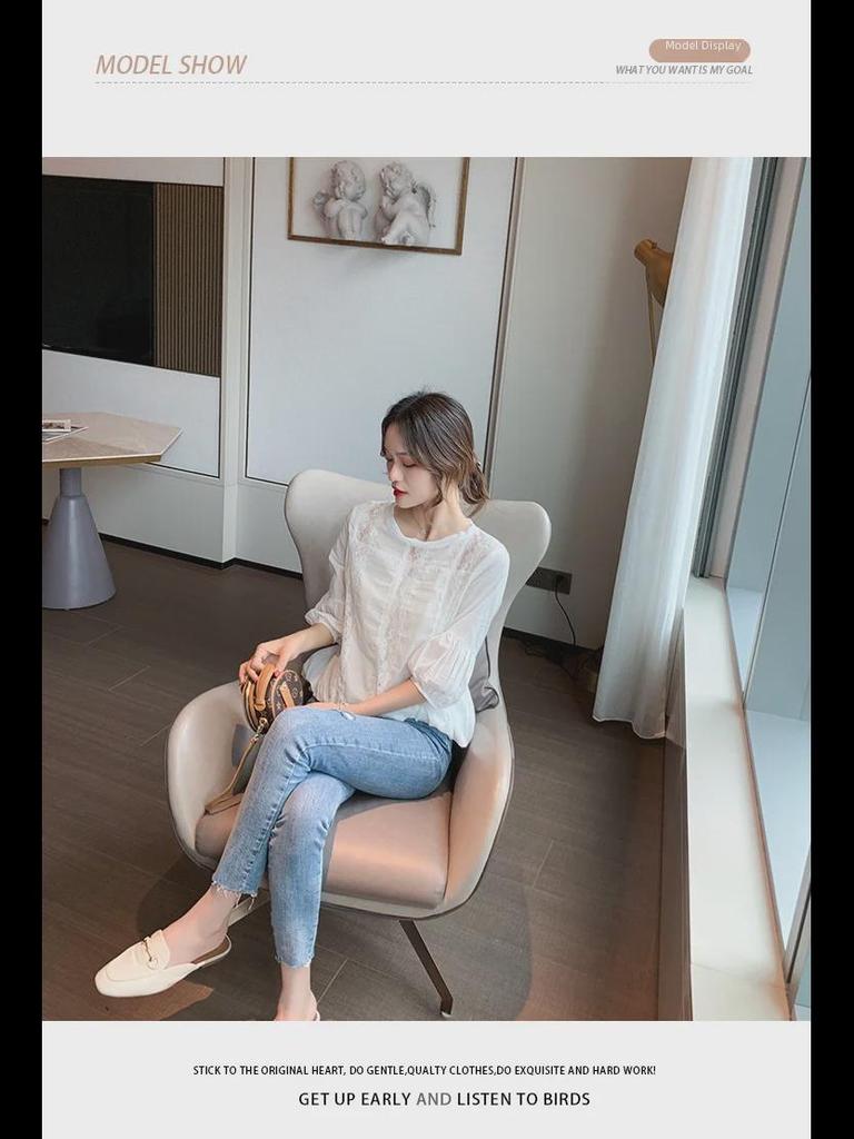 Women's Floral Lace Shirt with Lantern Sleeves - 2022 Spring/Summer Chiffon Hollow Top