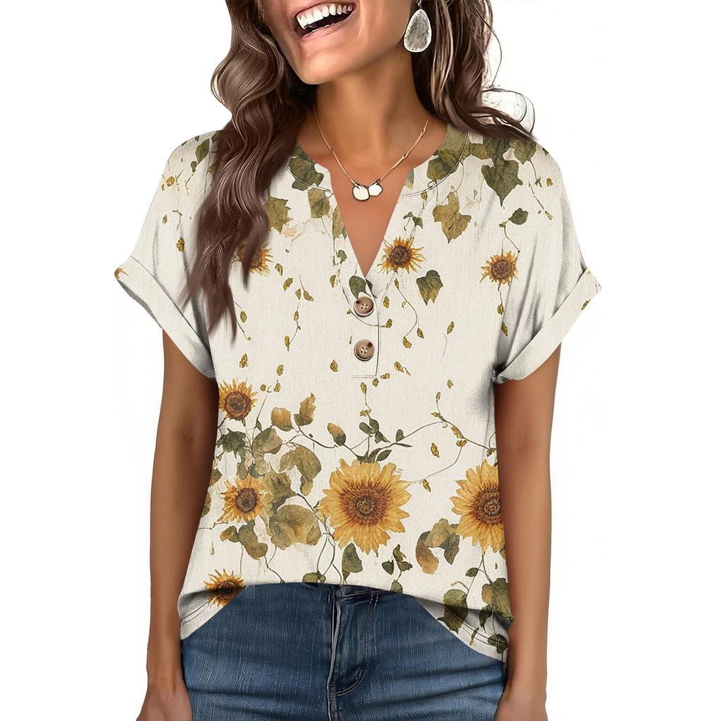 Camiseta de Manga Corta con Botones, Cuello en V, Estampada, Casual, Holgada, a la Moda para Mujer