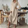 Women's Fashion V-Neck Long Sleeve Pocket Solid Color Zipper Casual Vacation Long Cotton Linen Dresses