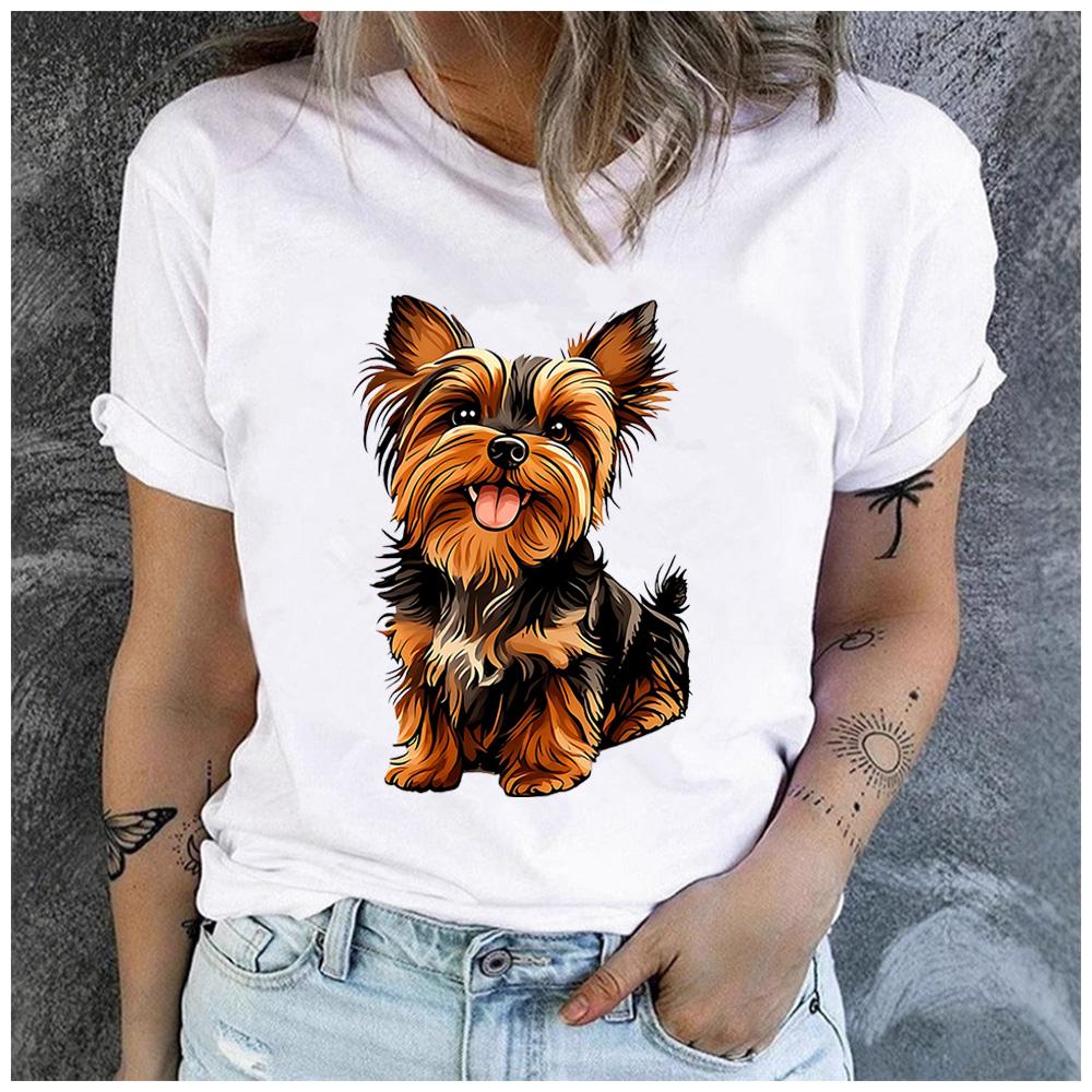 Cotton Cute Smiling Yorkshire Terrier Puppy Print Women T Shirt Fluffy Yorkie Dog Graphic Pet Lover Casual Short Sleeve Tee