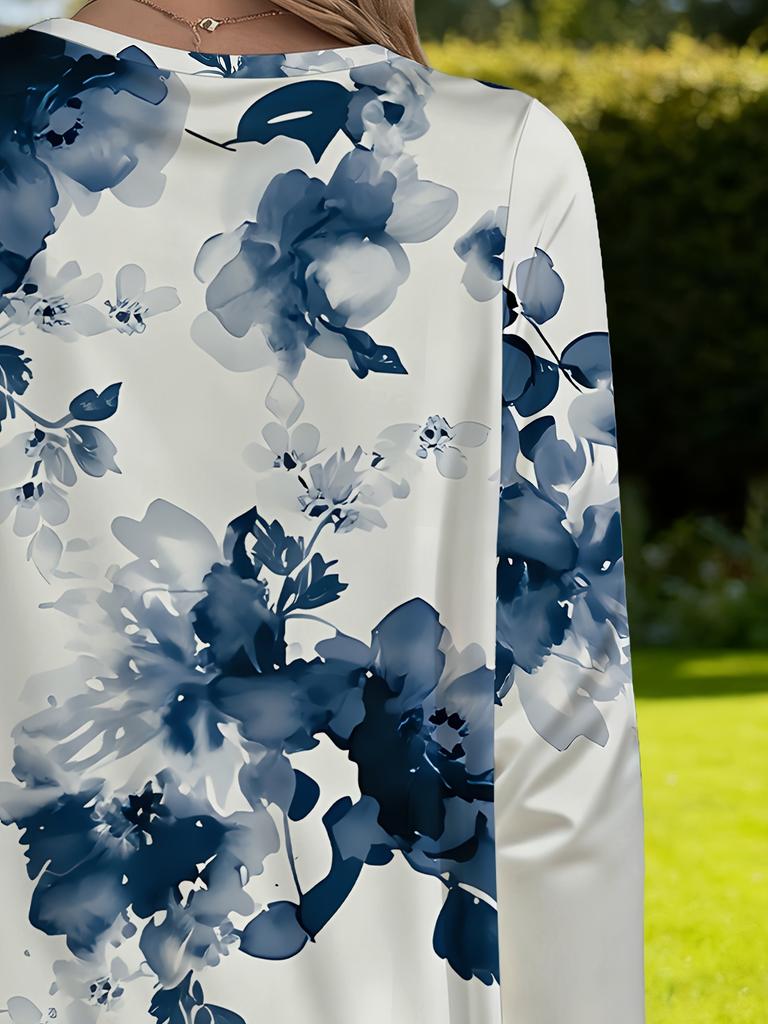 Women's elegant printed loose long-sleeved shirt with pockets, large-size foreign-style thin top, casual and versatile spring new models