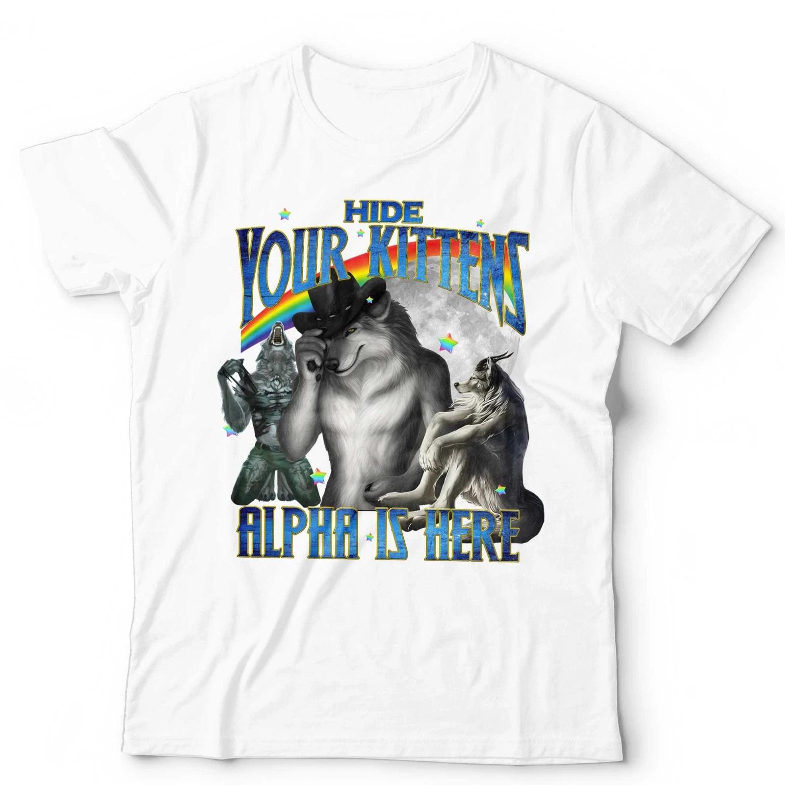 Wolf Shirt Funny Alpha Wolf Hide Your Kittens Graphic Tee Rainbow Meme Sigma M