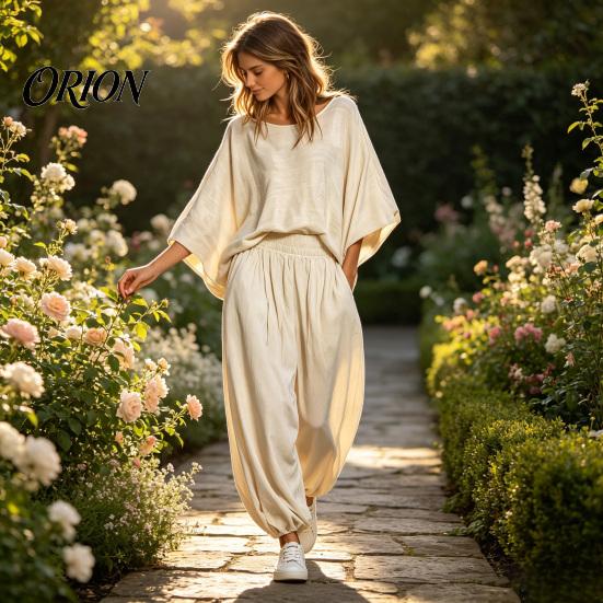 Loose Fit Women Set Women's 2 Piece Sets, Crew Neck Batwing Sleeve Top Two-piece And Lantern Pants Summer Travel Vacation Outfits with Pockets Suit