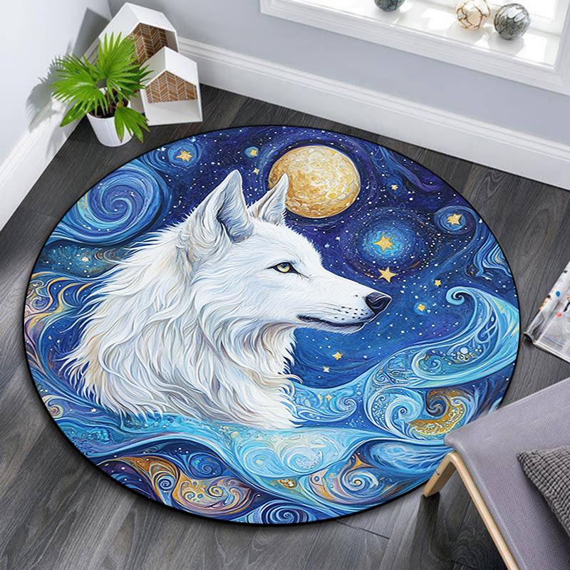 White Wolf Round Area Rug,Carpet Rug for Living Room Bedroom Sofa Playroom Decor,Non-slip Floor Mat