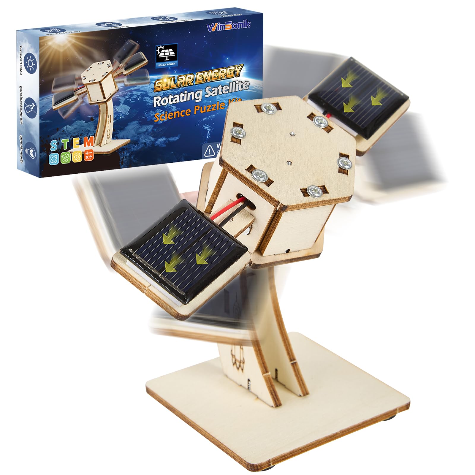 wooden 3D solar power summer vacation craft rotating satellite DIY assembly 3D building educational STEM education science craft model handmade kit