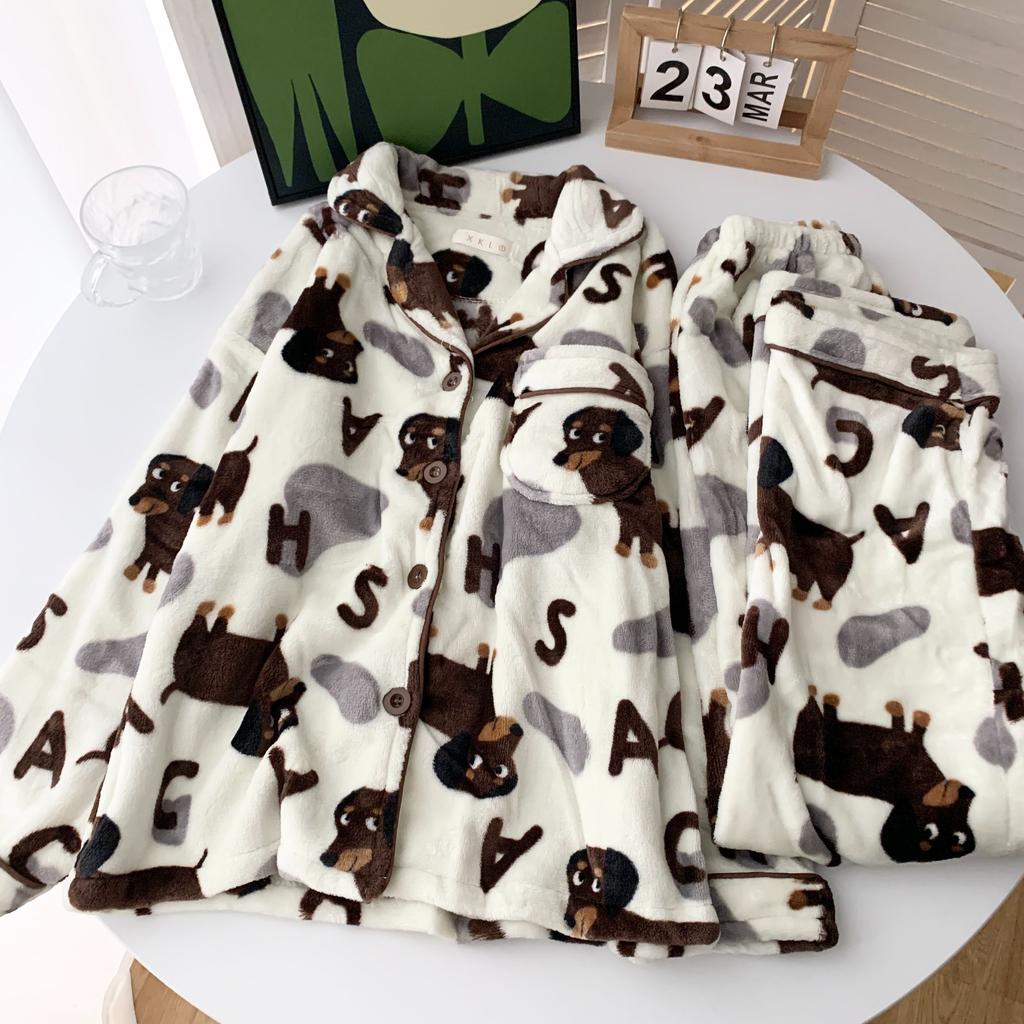 Fall Winter Women's Pajamas Cute Dachshund Print Fleece Thick Two Pieces Set Nightgown Lounge Long Sleeve Pants