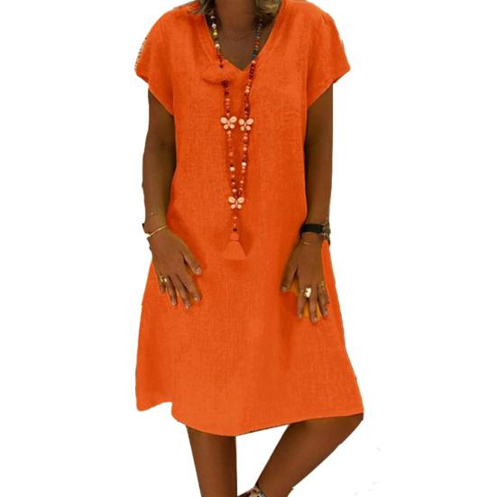 Women Casual Solid Color V Neck Short Sleeve Beach Knee-length Loose Dress