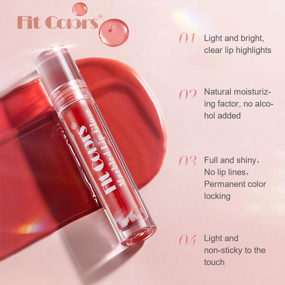 Fit Colors Marbled Mirror Lip Gloss, 5 Vibrant Shades, Moisturizing Hydrating Long-Lasting Liquid Lipstick, Non-Sticky Formula