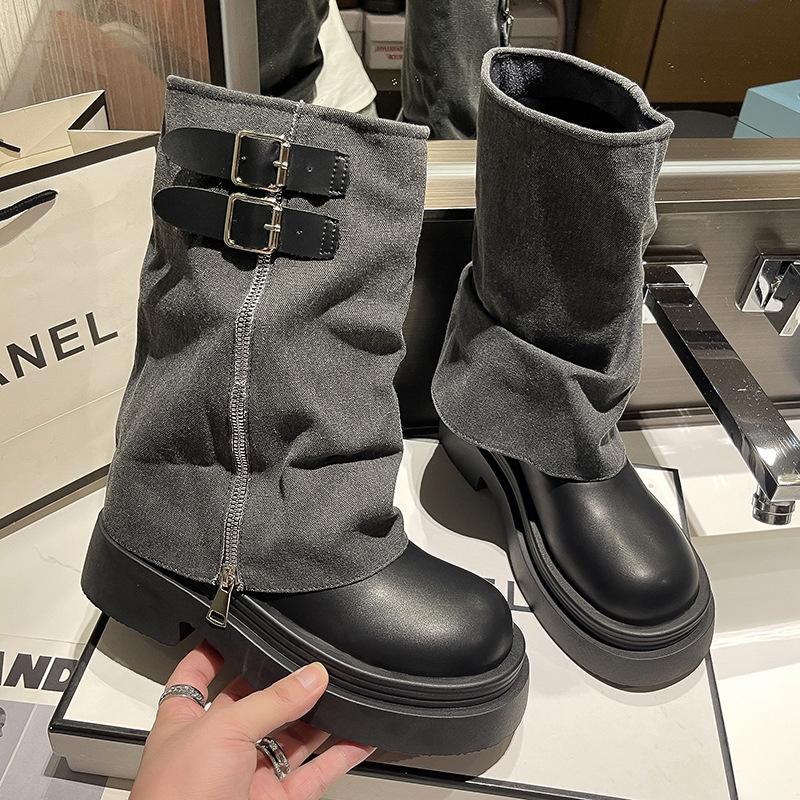 

2025 new retro British style thick-soled heightening Martin boots women s spring and autumn brown small side zipper trouser tube boots 40