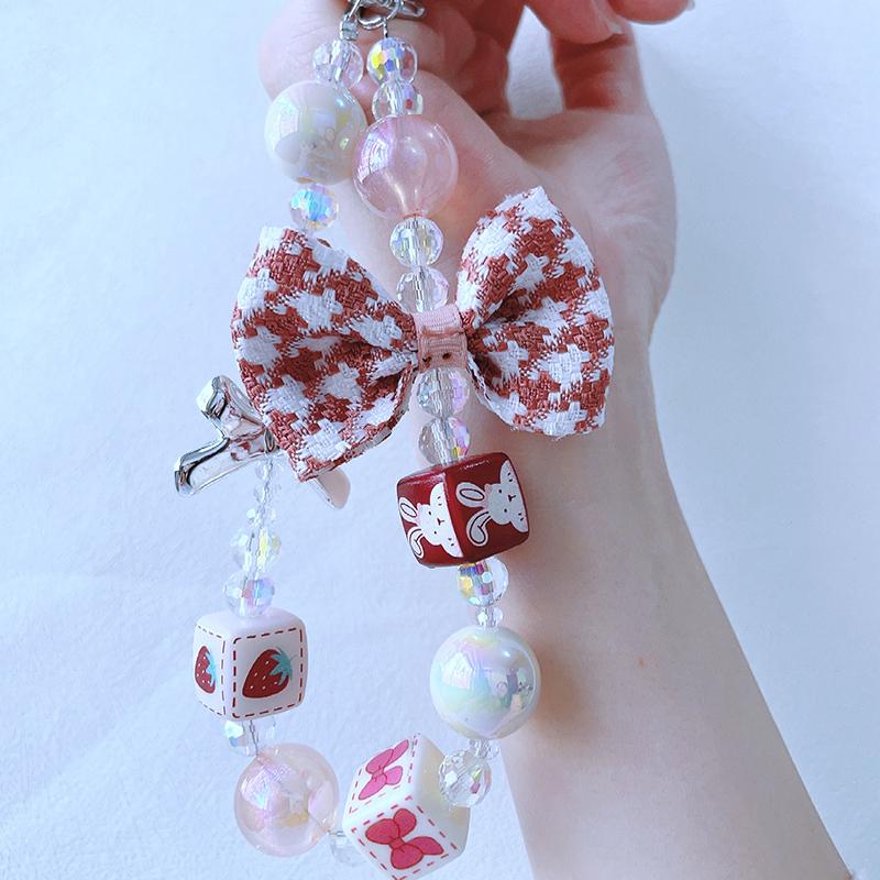 1Pcs Cute Phone Lanyard,Vintage Plaid Bow Beaded Chain for Phone Decor, Keychain for Purse Car Keys, Winter Autumn Charm Gift