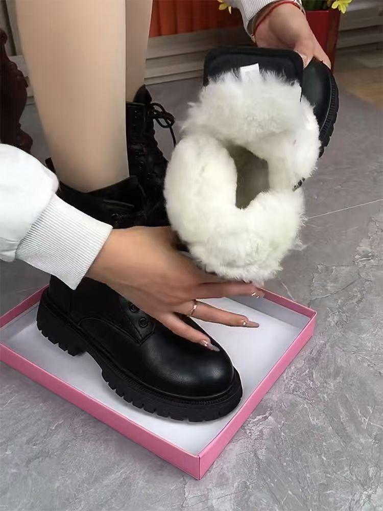 Women's Genuine Leather Martin Boots: Thick Sole, Plus Velvet, Wool-Lined, Warm, British Style, Autumn/Winter Snow Boots.