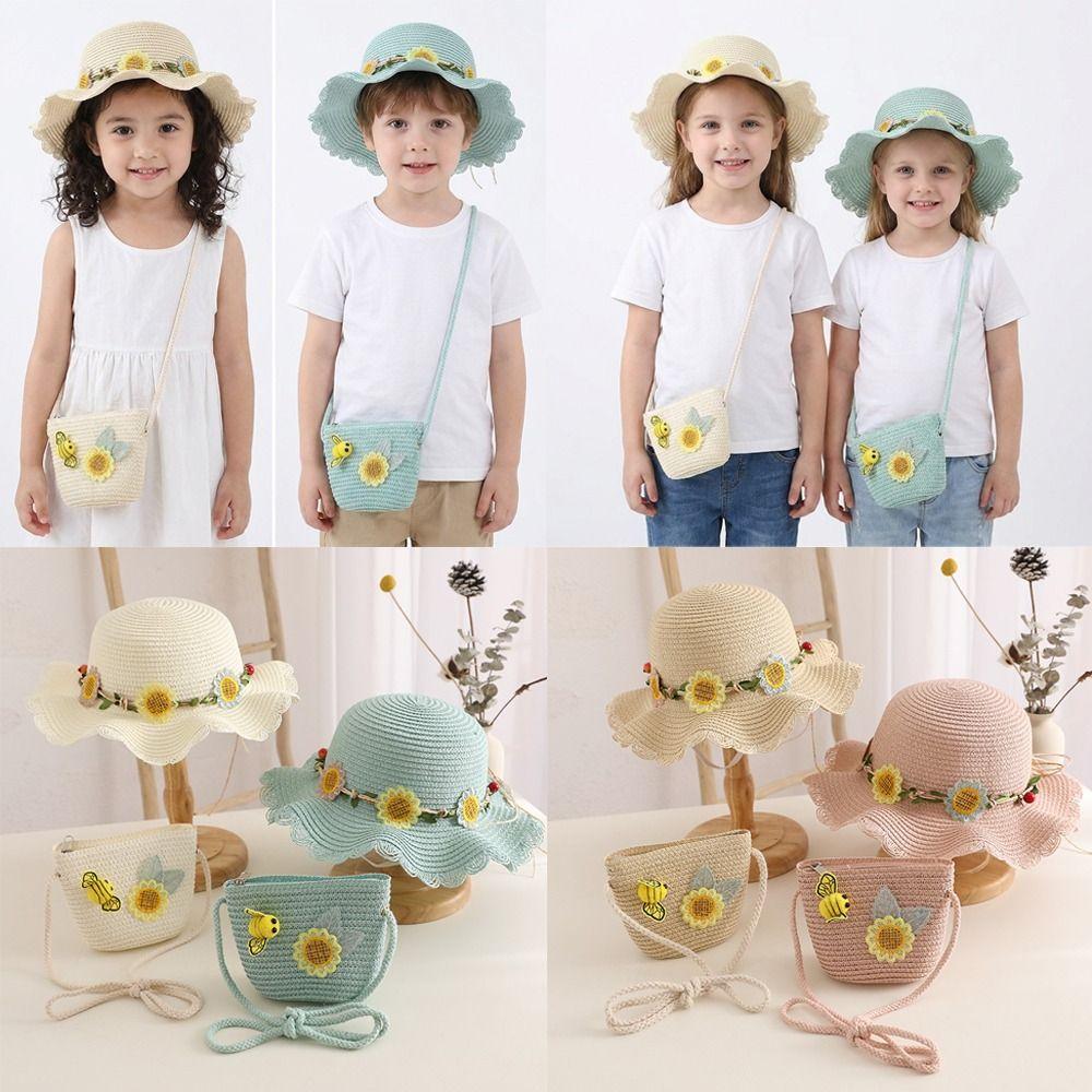 Sweet Kids Sun Straw Hat Sunflower Bee Toddler Outdoor Sun Hat Sun Protection Hat Bag  for Girls