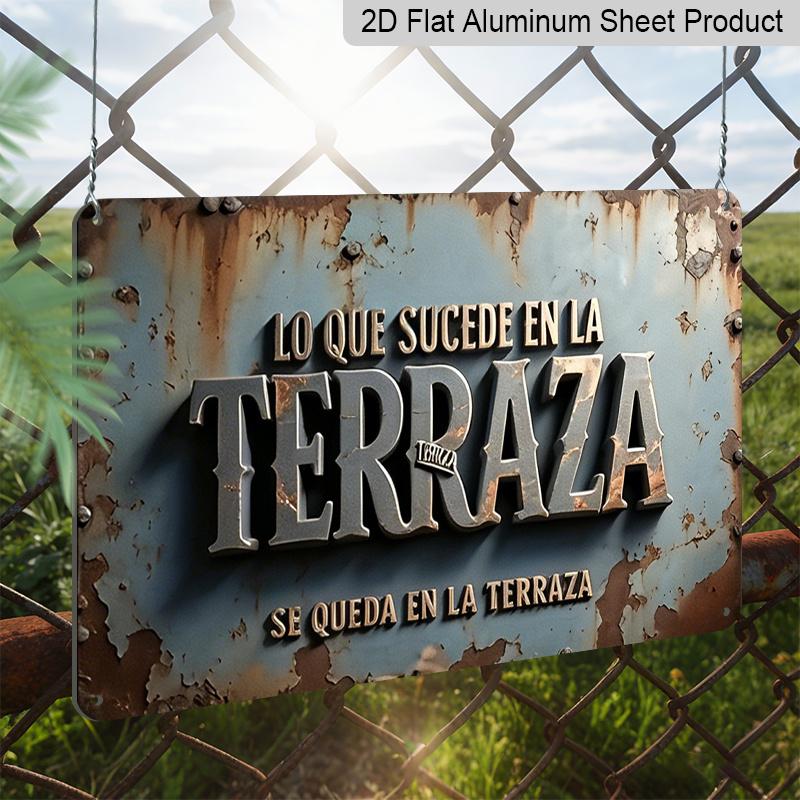 2D Flat, 1pc Vintage Spanish Terraza Plaque - Rustic Patio Decor Sign with Spanish Text, Dark Teal & Rust Colors - Aluminium Wall Hanging Decoration