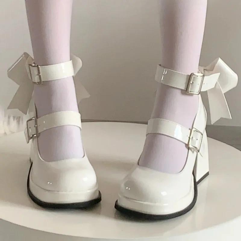Fashion Lolita Shoes Pink Kawaii Shoes Leather Bow Platform Mary Jane Single Shoes Womens Sweet High Heels Japanese Original Pumps