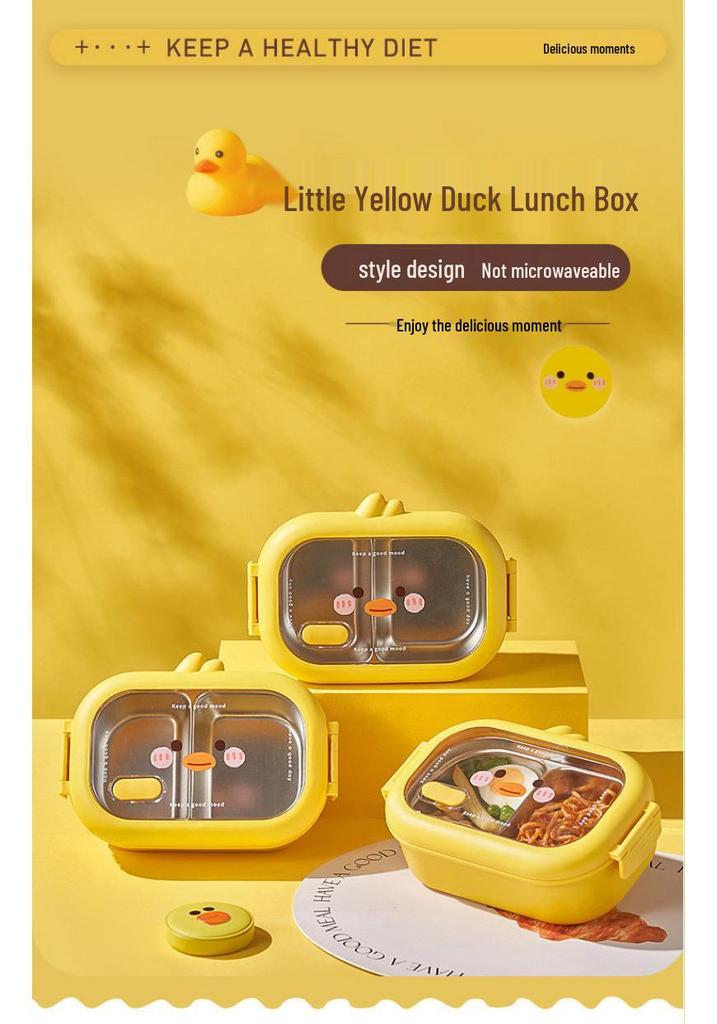 Children's Cartoon Duck Insulated Stainless Steel Bento Lunch Box with Compartments for Students and Office Workers