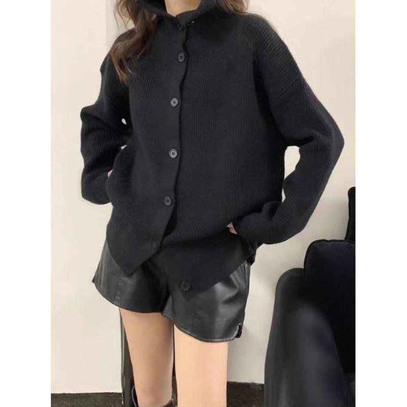 

Новый ленивый стиль однотонный вязаный свитер куртка женская стойка воротник однобортный дизайн свободный кардиган свитер One size чёрный