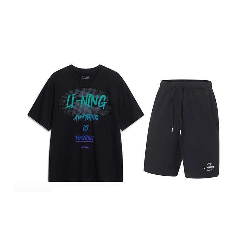 Li Ning Letter Logo Printed Trendy Versatile Round Neck Pullover Short Sleeve T-Shirt Casual Sports Suit Unisex Tops Black AHSU803-2+AKST543-3