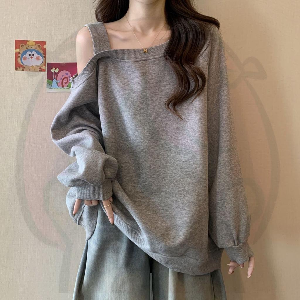 Hot Girl Style Off Shoulder Design Long Sleeve Hoodie Women Korean Top