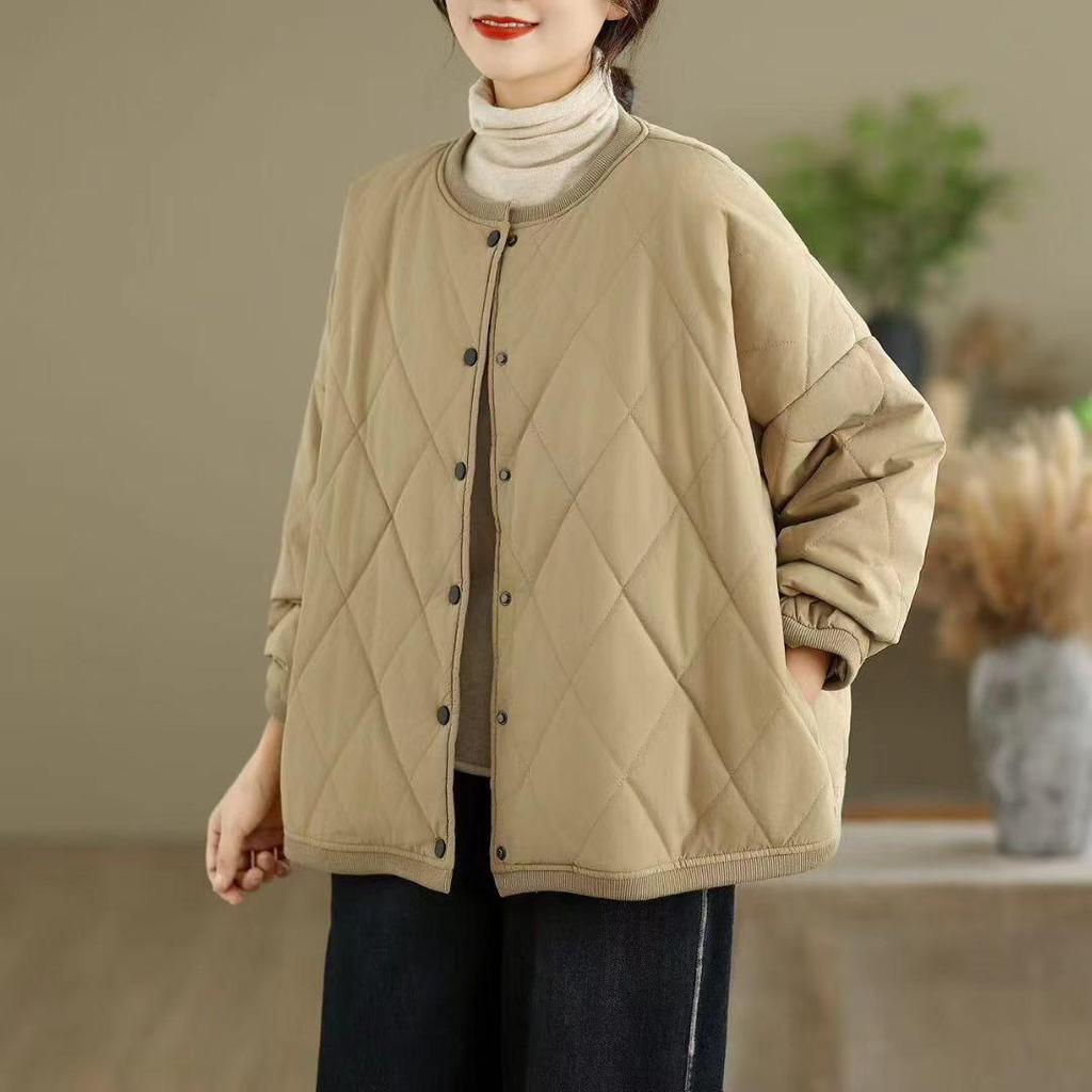 2025 Winter Cotton-Padded Retro Plaid Round Neck Women's Casual Jacket
