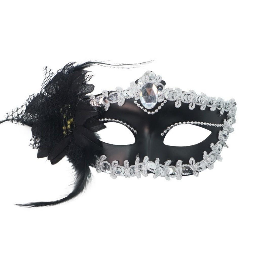 Side Flower Trim Masquerade Eye Mask Rhinestone Embedded Feather Face Veil Dance Lovers
