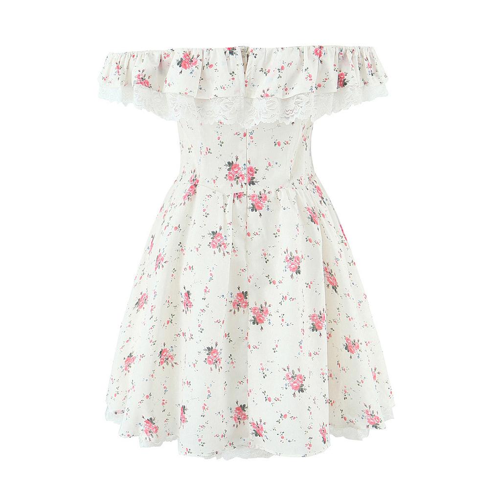 French first love princess sweet one-word shoulder bow floral lace waist dress women