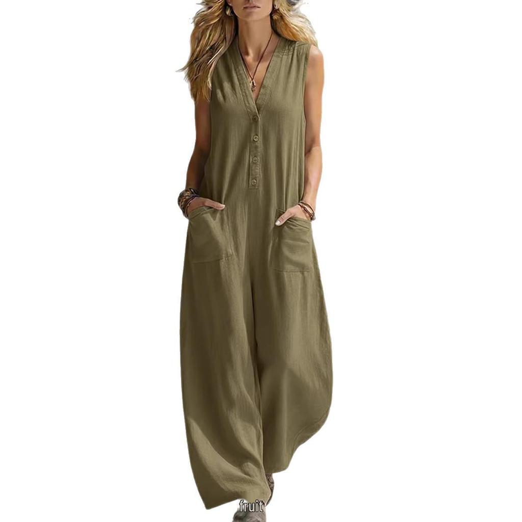 2026 European-American Double Pocket Linen Cotton Sleeveless Casual Jumpsuit