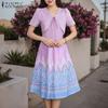 ZANZEA Women Casual Lace Up V-Neck Short Sleeve Print Dress