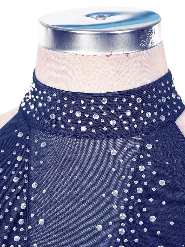 Womens Lyrical Dance Dress Sparkle Rhinestone Backless Sheer Mesh Patchwork Mock Neck Leotard