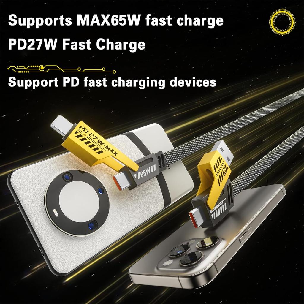 4-in-1 Fast Charging Cable, Data Transmission, PD 65W, Flat Braided Charger Cable with Type C/USB A for Mobile Phones/tablets/headphones Etc.