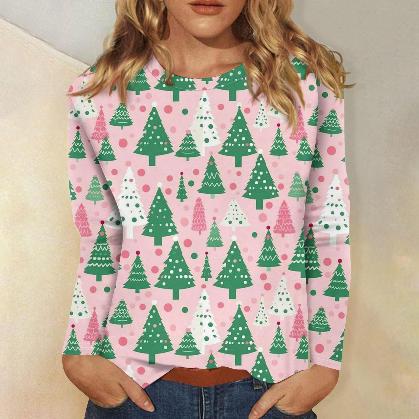 

Женская мода повседневная рождественская печать круглый вырез длинный рукав декоративная футболка топ L розовый