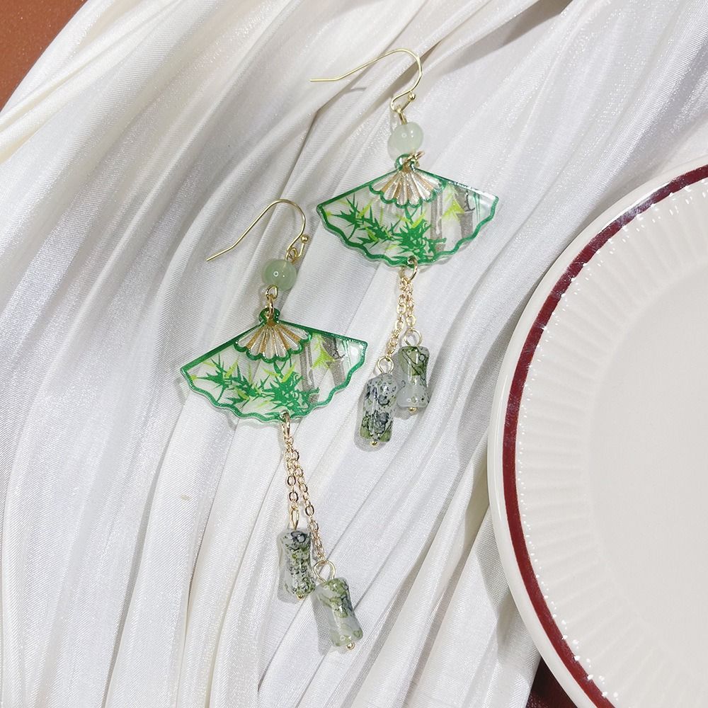 Leaf Fan Shaped Drop Earrings Tassel Exaggerated Long Earrings Chinese Style Earrings  Party