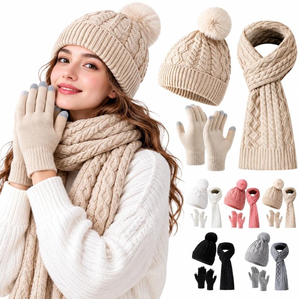 3Pcs/Set Warm Knit Beanie Snood Set Knitted Touchscreen Gloves Winter Hat Scarf Gloves Set  Unisex