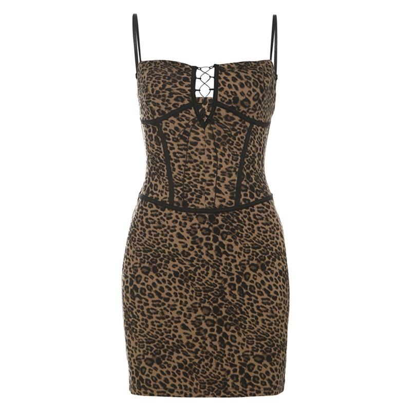Women's Leopard Print Sexy Spice One Shoulder Hollowed-out Slim-fit Wrap Buttock Dress