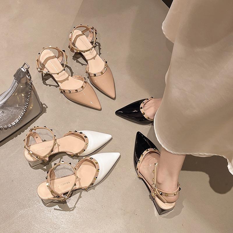 Rivet High Heels Hollow Medium Heel Comfortable Single Shoes Pointed One-word Buckle Willow Bag Head Sandals Women's Thick Heel