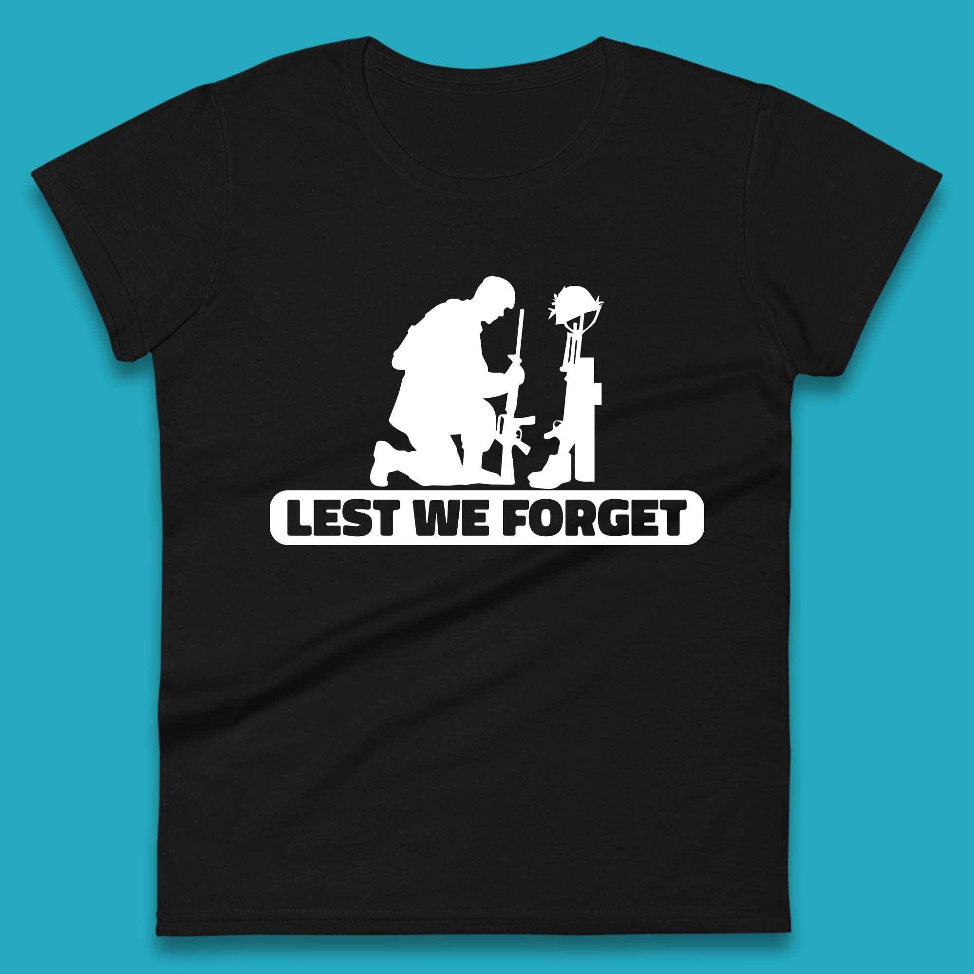 Lest We Forget Kneeling Soldier Remembrance Day British Armed Forces Day Womens Tee T Shirt Mens Tops Unisex Top 2XL