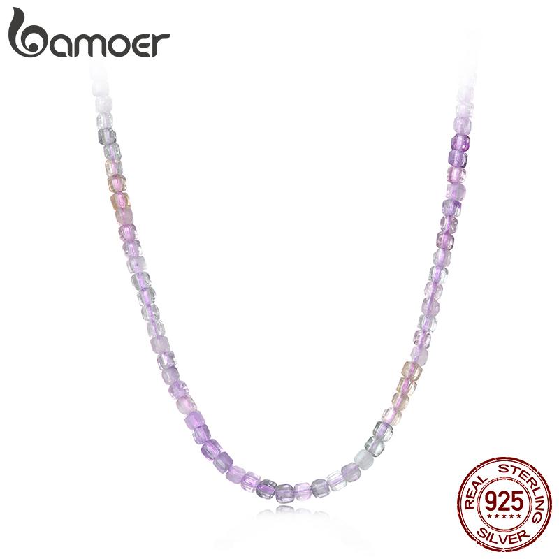 BAMOER Purple Crystal Necklace Colorful Transparent Basic Beads Chain for Women Teens Stacking Jewelry 925 Silver