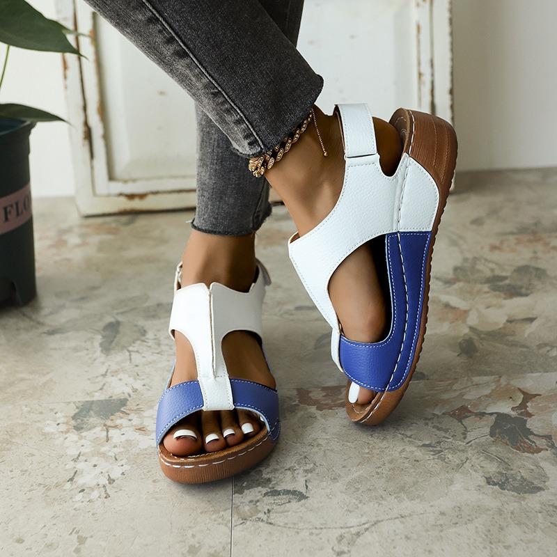Thick-soled color matching sandals women's muffin bottom Velcro open-toed beach cool slippers wish