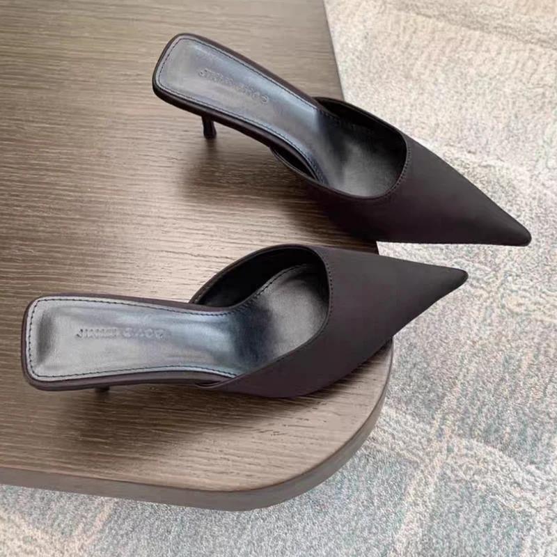 

Модная обувь женская 2025 Бренд Слингбэки Женские туфли на высоком каблуке Модные туфли-лодочки для платья Женские туфли с острым носком на тонком каблуке Большого размера Женские шлепанцы 42 чёрный