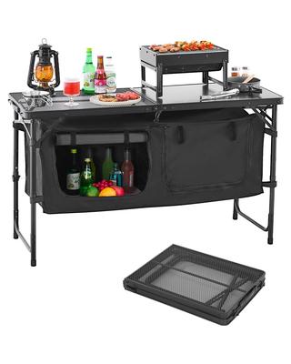 VEVOR Camping Kitchen Table, Folding Outdoor Cooking Table, 3 Adjustable Heights, Aluminum Lightweight Portable Cook Station with Storage Organizer