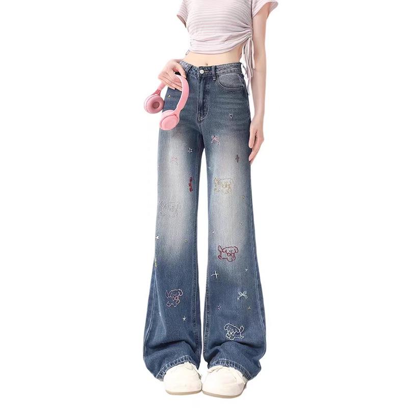 Plus Size High Waist Cartoon Embroidery Wide Leg Jeans for Women - Retro American Style, Spring/Fall
