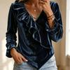Women's Casual Fashion Velvet V-Neck Ruffle Blouse Top for Everyday and Wear
