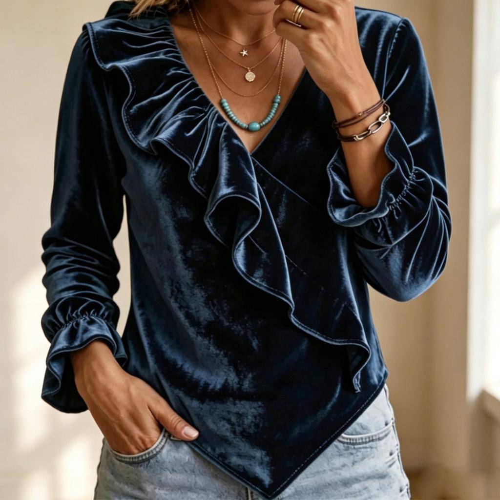 Women's Casual Fashion Velvet V-Neck Ruffle Blouse Top for Everyday and Wear