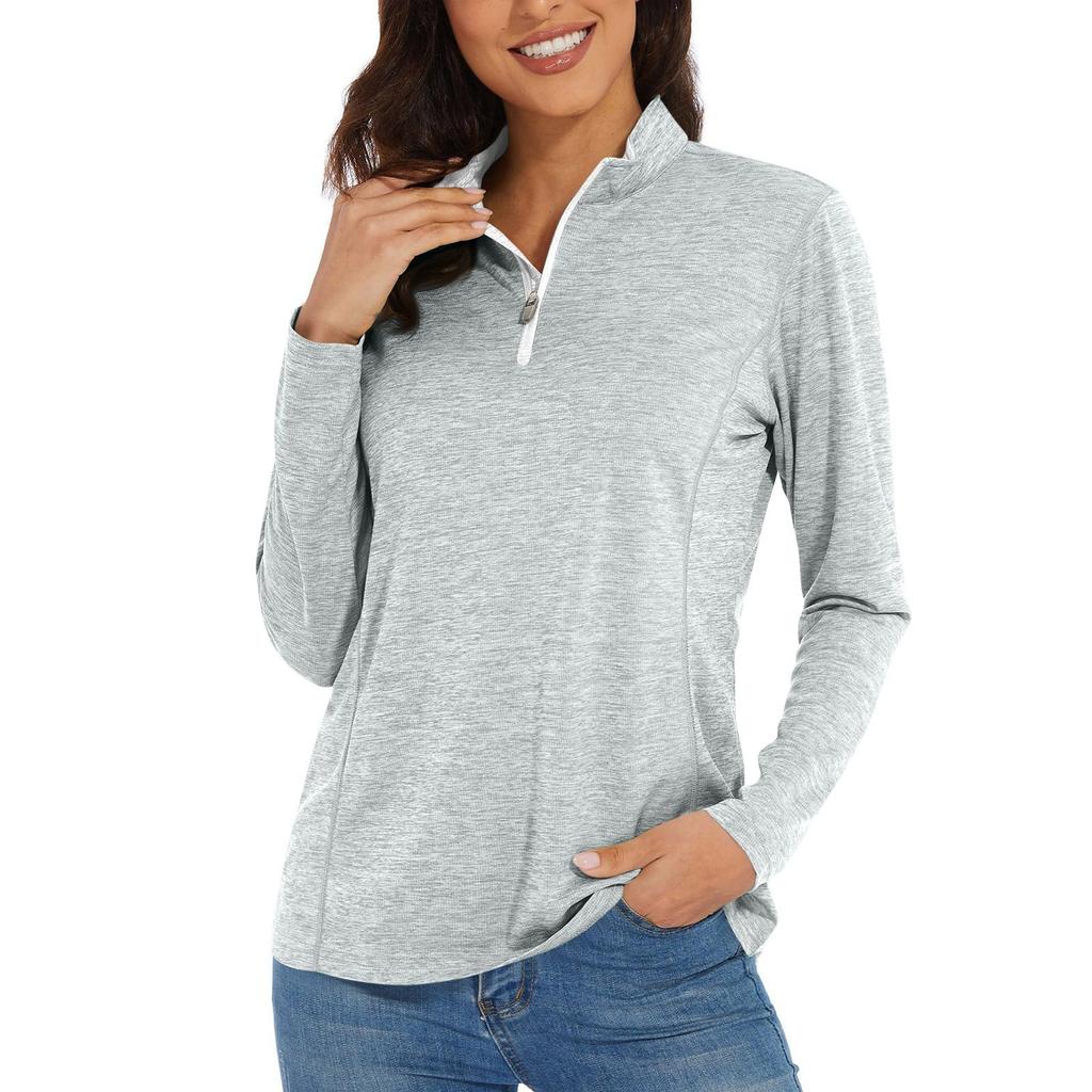 Women's Casual Fashion Solid Color Long Sleeve Zipper Neck Top T-shirt