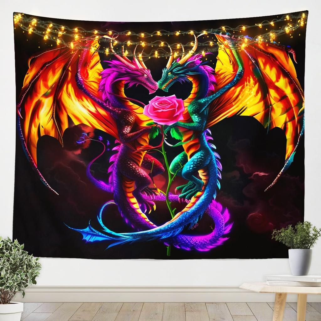 Chinese Dragon Tapestry, Black Dragon with Red Peony and Butterfly Print Wall Hanging for Bedroom, Living Room Decor