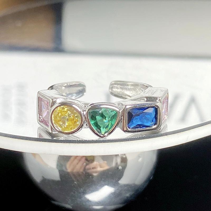 [Rainbow Ring] Colored Zircon Personalized Flower Row Diamond Ring Exquisite High-End Sense Stacking Wearing Colored Treasure Ring Woman