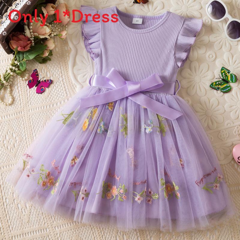 Summer Girl Flower Embroidered Mesh Dress With Bow For Toddler Girls