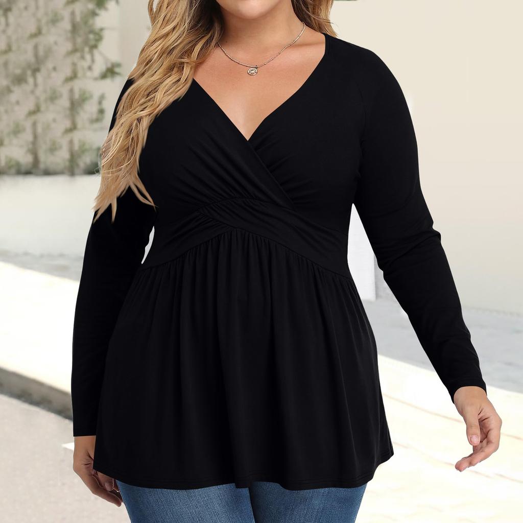 Women's Plus Size Shirt Long Sleeve  Print Top Pleated Casual V-Neck Top
